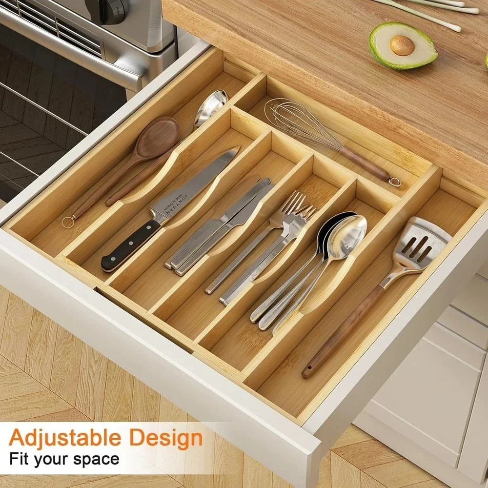Bamboo Flatware Utensil Tray Drawer Kitchen Organizer Storage (9-Slots)